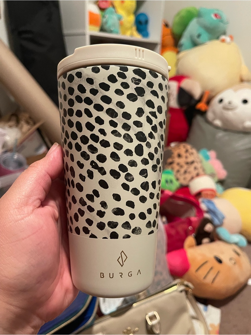 Burga Cream Leopard Print Travel Mug - Cream with Black Spots